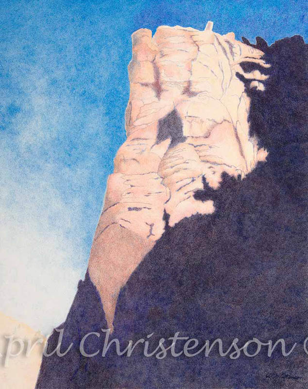 Colored pencil drawing of The Bastille in Eldorado Canyon by April Christenson