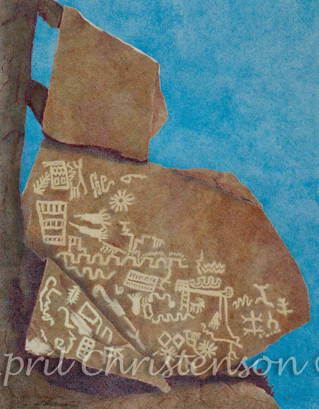 Grapevine Canyon petroglyphs in colored pencil by April Christenson